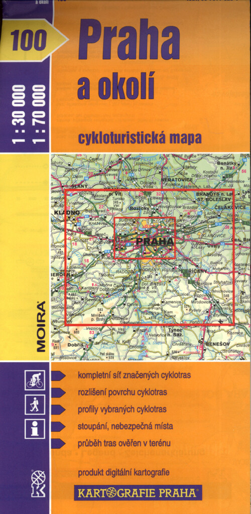 Praha a okolí cykloturistická mapa 1:30^000, 1:70^000 : kompletní síť značených cyklotras, rozlišení povrchu cyklotras, profily vybraných cyklotras, stoupání, nebezpečná místa, průběh tras ověřen v terénu : produkt digitální kartografie