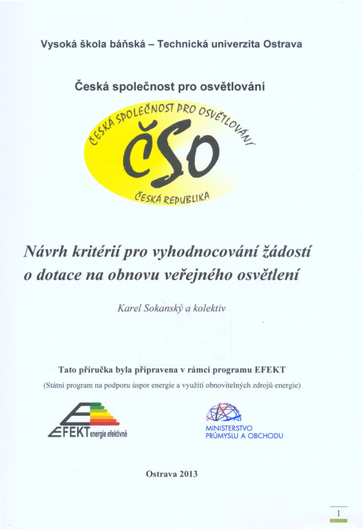 Návrh kritérií pro vyhodnocování žádostí o dotace na obnovu veřejného osvětlení