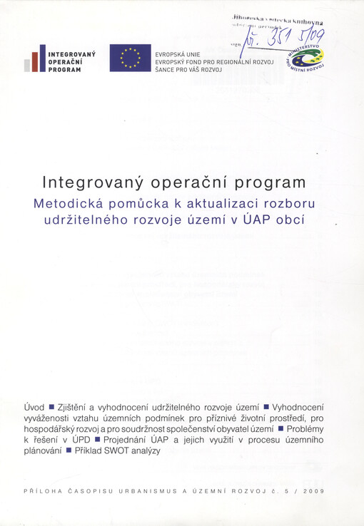 Integrovaný operační program : metodická pomůcka k aktualizaci rozboru udržitelného rozvoje území v ÚAP obcí