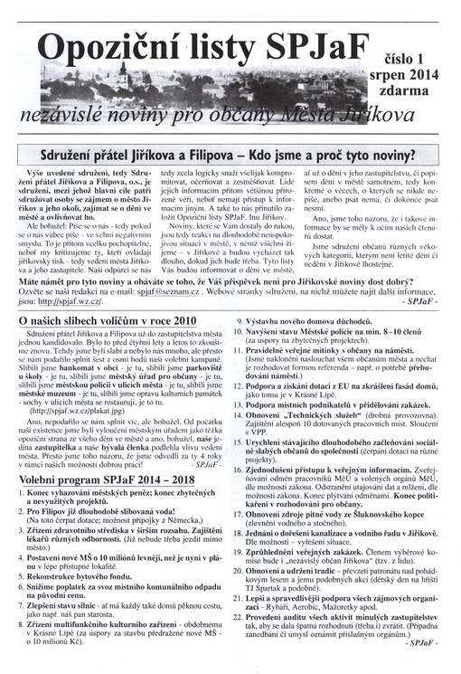 Opoziční listy SPJaF : nezávislé noviny pro občany města Jiříkova
